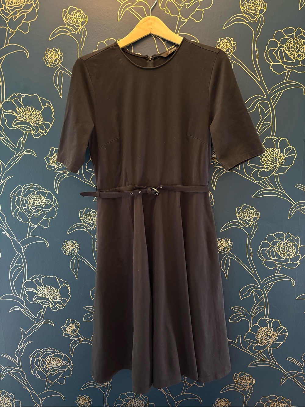 ESHAKTI fit and flare FULL SKIRT little black dress SHORT SLEEVE 14 belt pockets